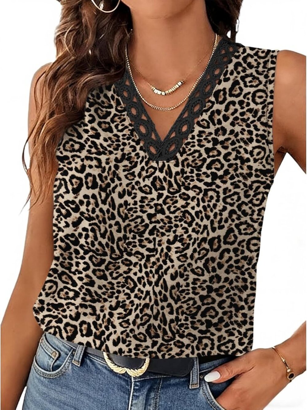 Women's Leopard Lace V Neck Summer Loose Fit Sleeveless Shirts Casual Tank Top